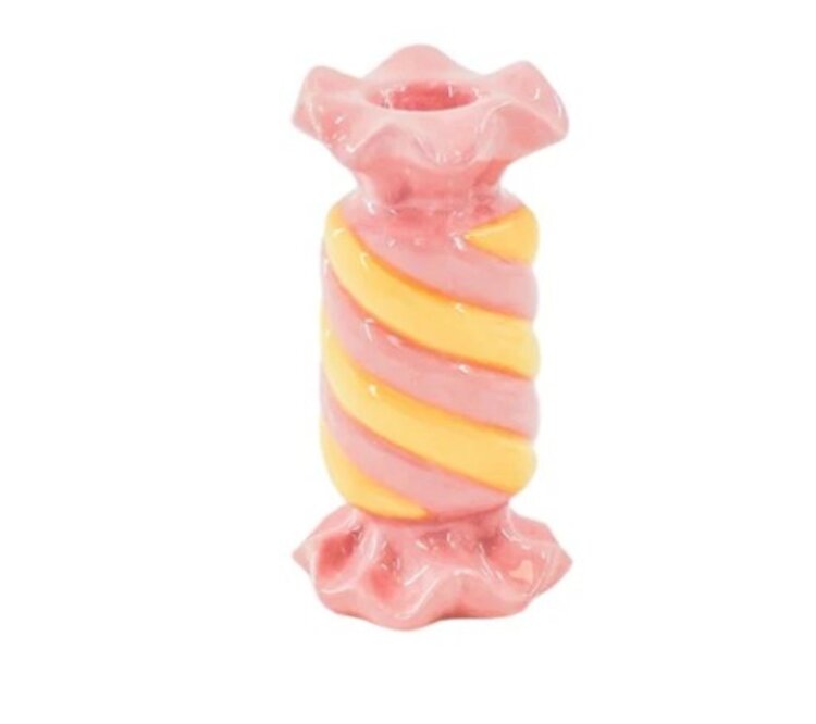 House Vitamin Candle Holder- Toffee Candy - Ceramic-Pink/ Yellow- 7,5x7,5x13 cm