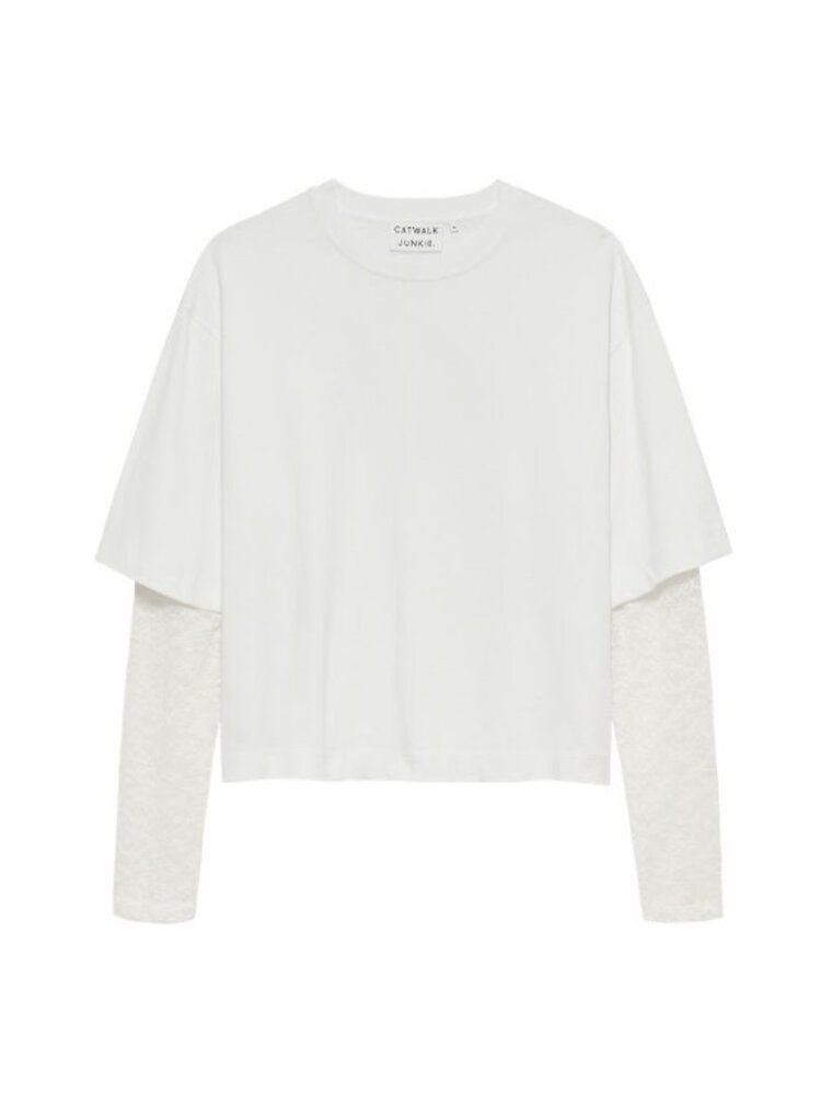 Catwalk Junkie Loose Fit Tshirt With Lace Sleeves - off white