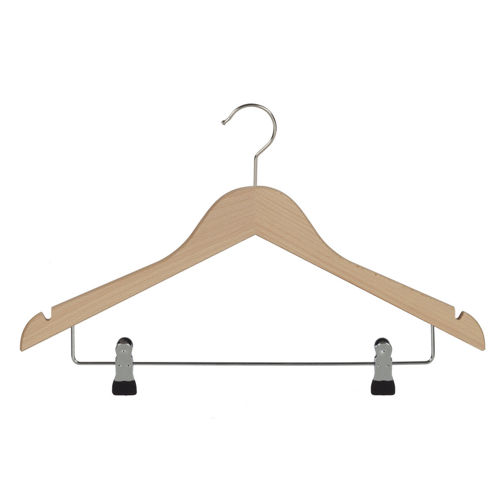Blouse / shirthanger (vlak) beukenhout naturel gelakt met rokinkepingen en anti-slip knijpers