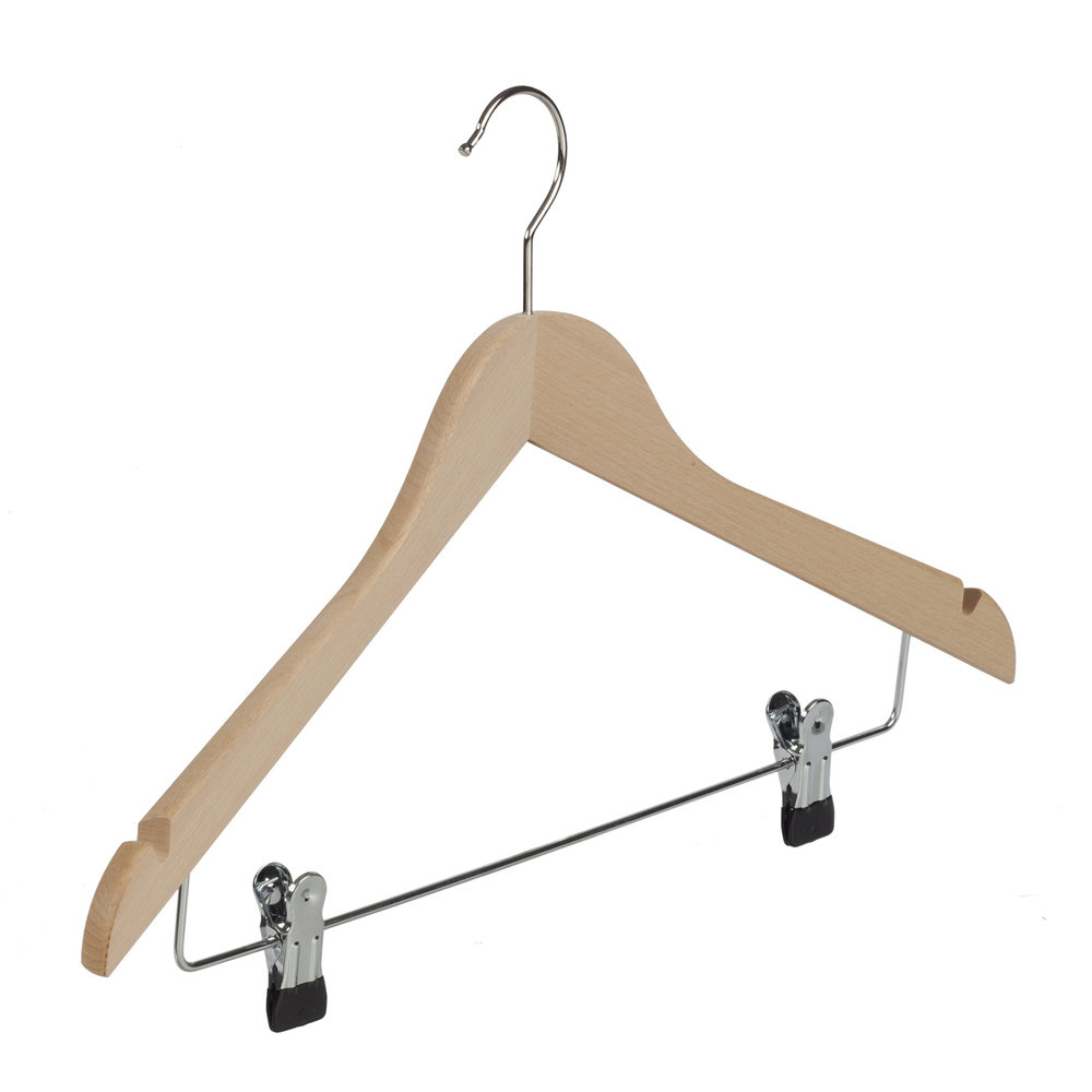 Blouse / shirthanger (geknikt) beukenhout naturel gelakt met rokinkepingen en anti-slip knijpers Blouse / shirthanger (geknikt) beukenhout naturel gelakt met rokinkepingen en anti-slip knijpers