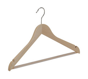 Blouse / shirthanger (geknikt) beukenhout naturel gelakt met rokinkepingen en anti-slip broeklat Blouse / shirthanger (geknikt) beukenhout naturel gelakt met rokinkepingen en anti-slip broeklat
