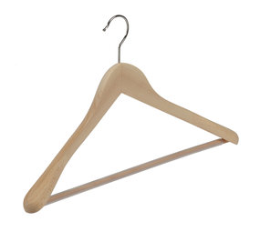 Mantel / kostuumhanger (geknikt) beukenhout naturel gelakt met schouderverbreding en anti-slip broeklat Mantel / kostuumhanger (geknikt) beukenhout naturel gelakt met schouderverbreding en anti-slip broeklat