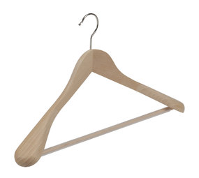 Mantel / kostuumhanger (geknikt) beukenhout naturel gelakt met schouderverbreding en anti-slip broeklat Mantel / kostuumhanger (geknikt) beukenhout naturel gelakt met schouderverbreding en anti-slip broeklat