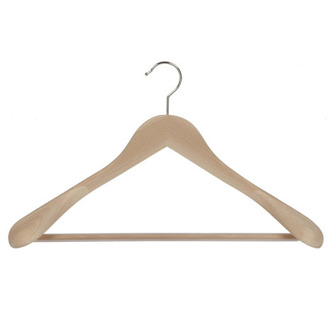 Mantel / kostuumhanger (geknikt) beukenhout naturel gelakt met schouderverbreding en anti-slip broeklat