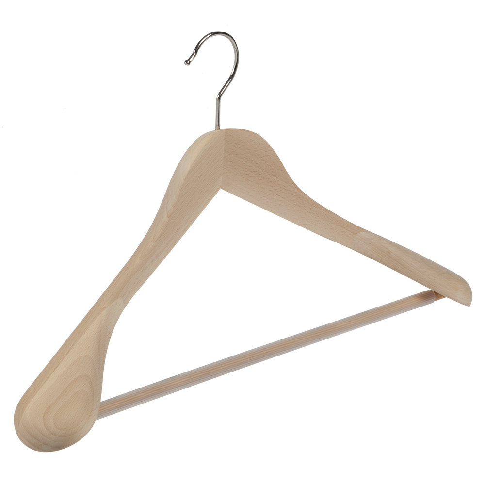 Mantel / kostuumhanger (geknikt) beukenhout naturel gelakt met schouderverbreding en anti-slip broeklat