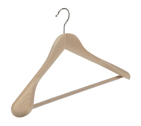 Mantel / kostuumhanger (geknikt) beukenhout naturel gelakt met schouderverbreding en anti-slip broeklat Mantel / kostuumhanger (geknikt) beukenhout naturel gelakt met schouderverbreding en anti-slip broeklat