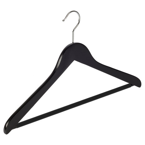 Blouse / shirthanger beukenhout zwart gelakt met anti-slip broeklat, 44 cm Blouse / shirthanger beukenhout zwart gelakt met anti-slip broeklat, 44 cm