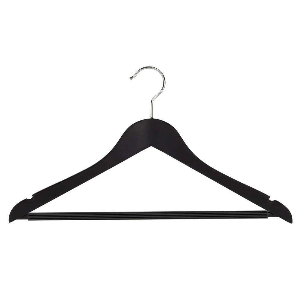 Blouse / shirthanger beukenhout zwart gelakt met rokinkepingen en anti-slip broeklat, 44 cm Blouse / shirthanger beukenhout zwart gelakt met rokinkepingen en anti-slip broeklat, 44 cm