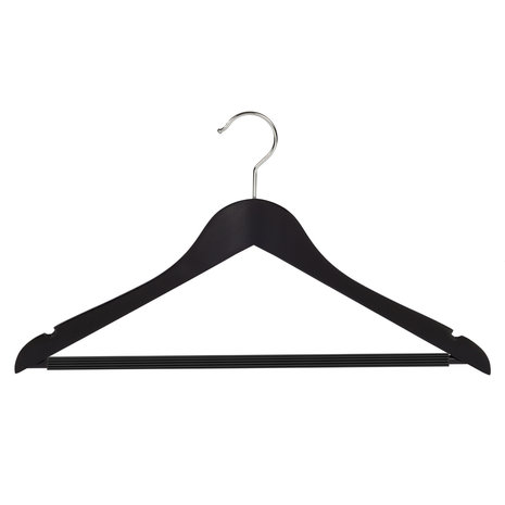 Blouse / shirthanger beukenhout zwart gelakt met rokinkepingen en anti-slip broeklat, 44 cm Blouse / shirthanger beukenhout zwart gelakt met rokinkepingen en anti-slip broeklat, 44 cm