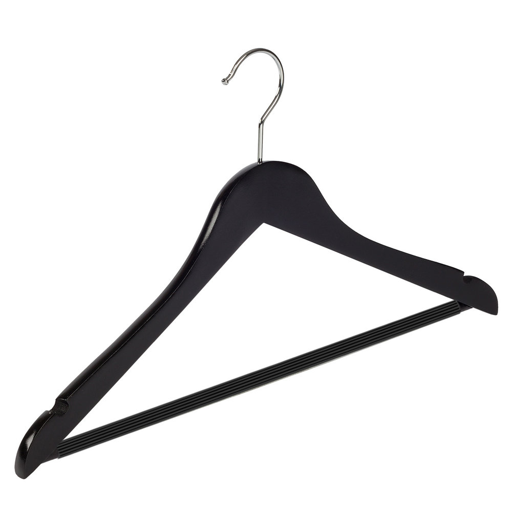 Blouse / shirthanger beukenhout zwart gelakt met rokinkepingen en anti-slip broeklat, 44 cm Blouse / shirthanger beukenhout zwart gelakt met rokinkepingen en anti-slip broeklat, 44 cm
