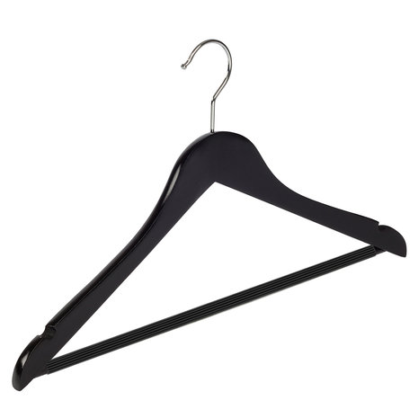 Blouse / shirthanger beukenhout zwart gelakt met rokinkepingen en anti-slip broeklat, 44 cm Blouse / shirthanger beukenhout zwart gelakt met rokinkepingen en anti-slip broeklat, 44 cm