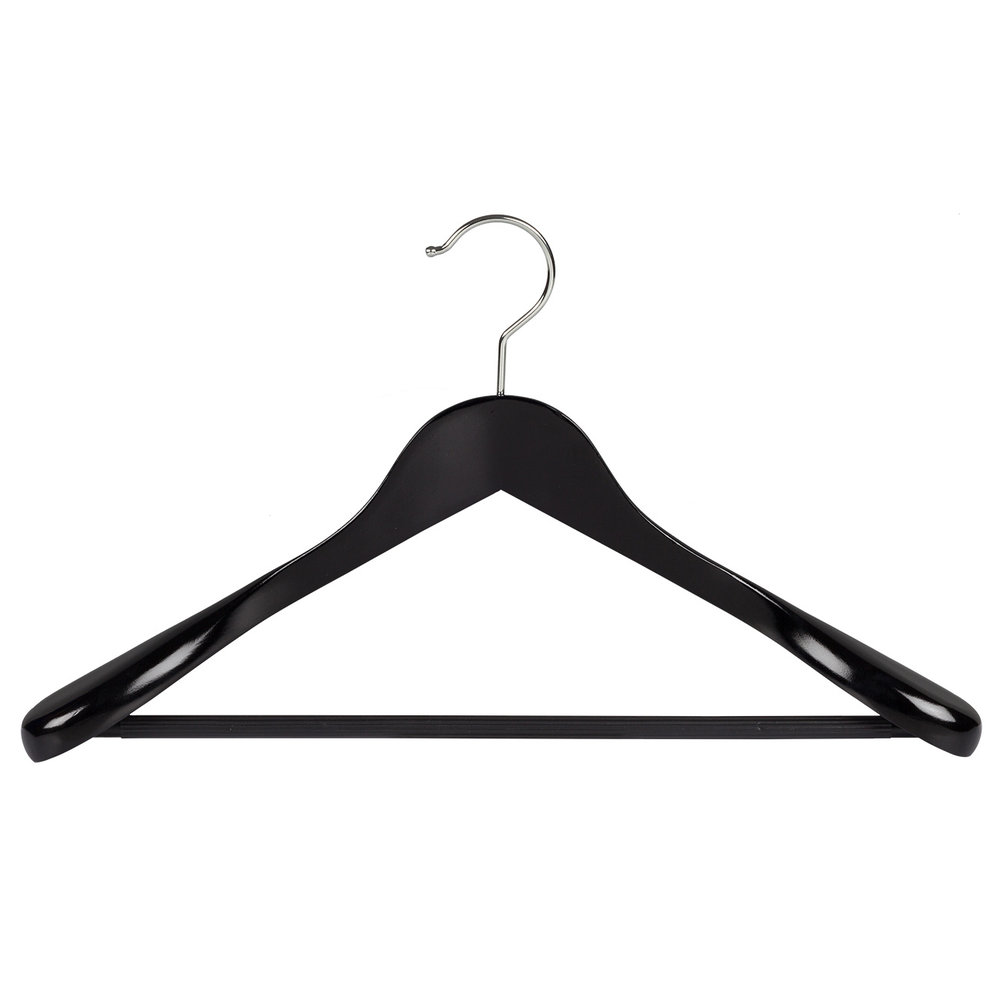 Mantel / kostuumhanger (geknikt) beukenhout zwart gelakt met schouderverbreding en anti-slip broeklat