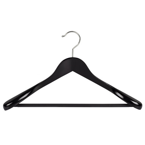 Mantel / kostuumhanger (geknikt) beukenhout zwart gelakt met schouderverbreding en anti-slip broeklat