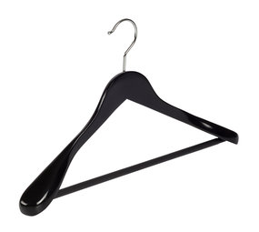 Mantel / kostuumhanger (geknikt) beukenhout zwart gelakt met schouderverbreding en anti-slip broeklat Mantel / kostuumhanger (geknikt) beukenhout zwart gelakt met schouderverbreding en anti-slip broeklat
