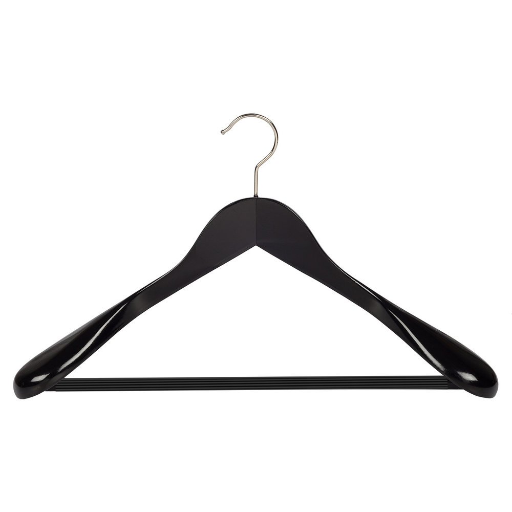 Mantel / kostuumhanger beukenhout zwart gelakt met schouderverbreding en anti-slip broeklat, 44 cm Mantel / kostuumhanger beukenhout zwart gelakt met schouderverbreding en anti-slip broeklat, 44 cm