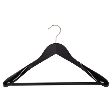 Mantel / kostuumhanger beukenhout zwart gelakt met schouderverbreding en anti-slip broeklat, 44 cm Mantel / kostuumhanger beukenhout zwart gelakt met schouderverbreding en anti-slip broeklat, 44 cm