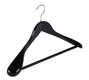 Mantel / kostuumhanger (geknikt) beukenhout zwart gelakt met schouderverbreding en anti-slip broeklat Mantel / kostuumhanger (geknikt) beukenhout zwart gelakt met schouderverbreding en anti-slip broeklat