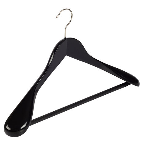 Mantel / kostuumhanger beukenhout zwart gelakt met schouderverbreding en anti-slip broeklat, 44 cm Mantel / kostuumhanger beukenhout zwart gelakt met schouderverbreding en anti-slip broeklat, 44 cm