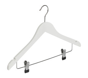 Blouse / shirthanger (geknikt) beukenhout wit gelakt met rokinkepingen en anti-slip knijpers Blouse / shirthanger (geknikt) beukenhout wit gelakt met rokinkepingen en anti-slip knijpers