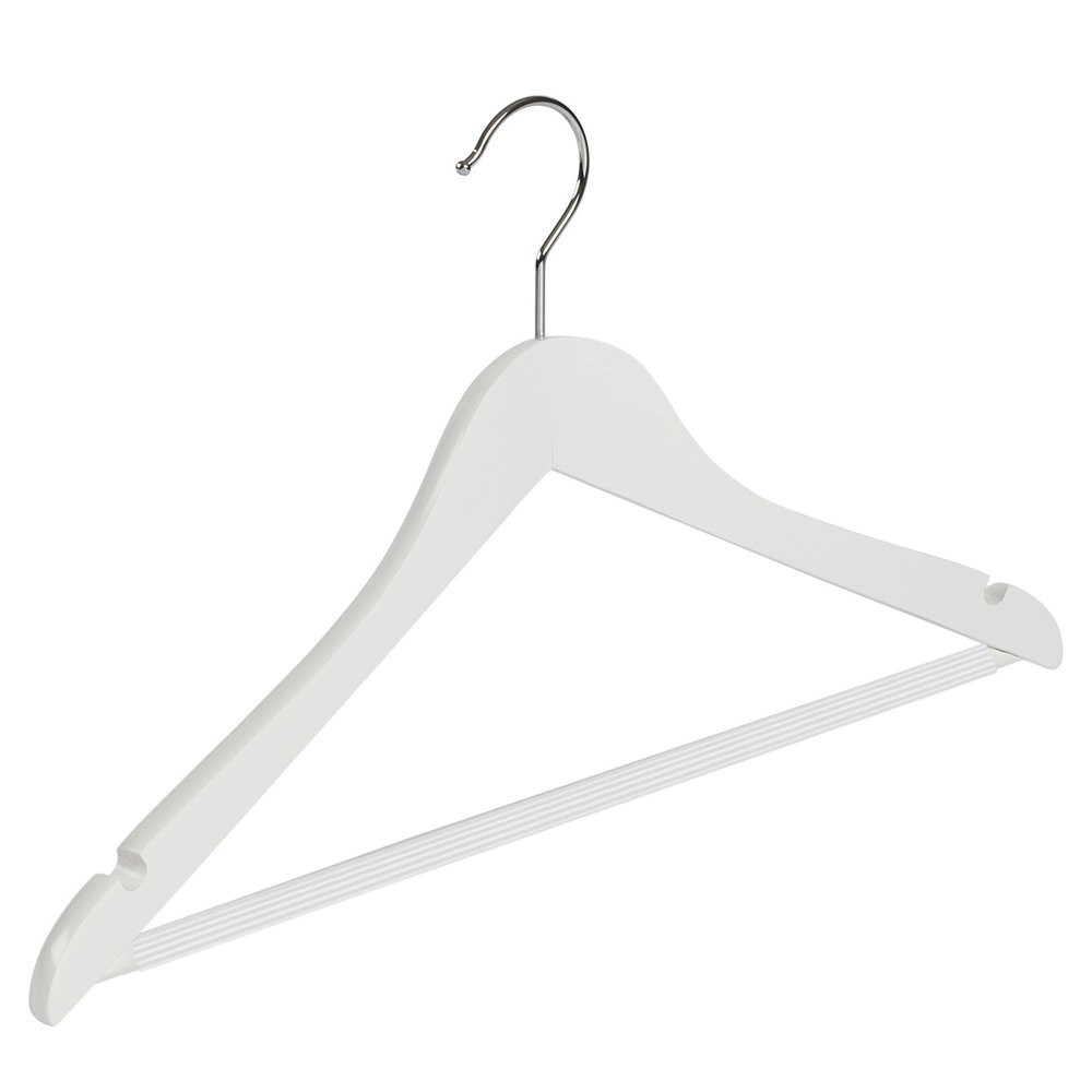 Blouse / shirthanger beukenhout wit gelakt met rokinkepingen en anti-slip broeklat, 44 cm Blouse / shirthanger beukenhout wit gelakt met rokinkepingen en anti-slip broeklat, 44 cm