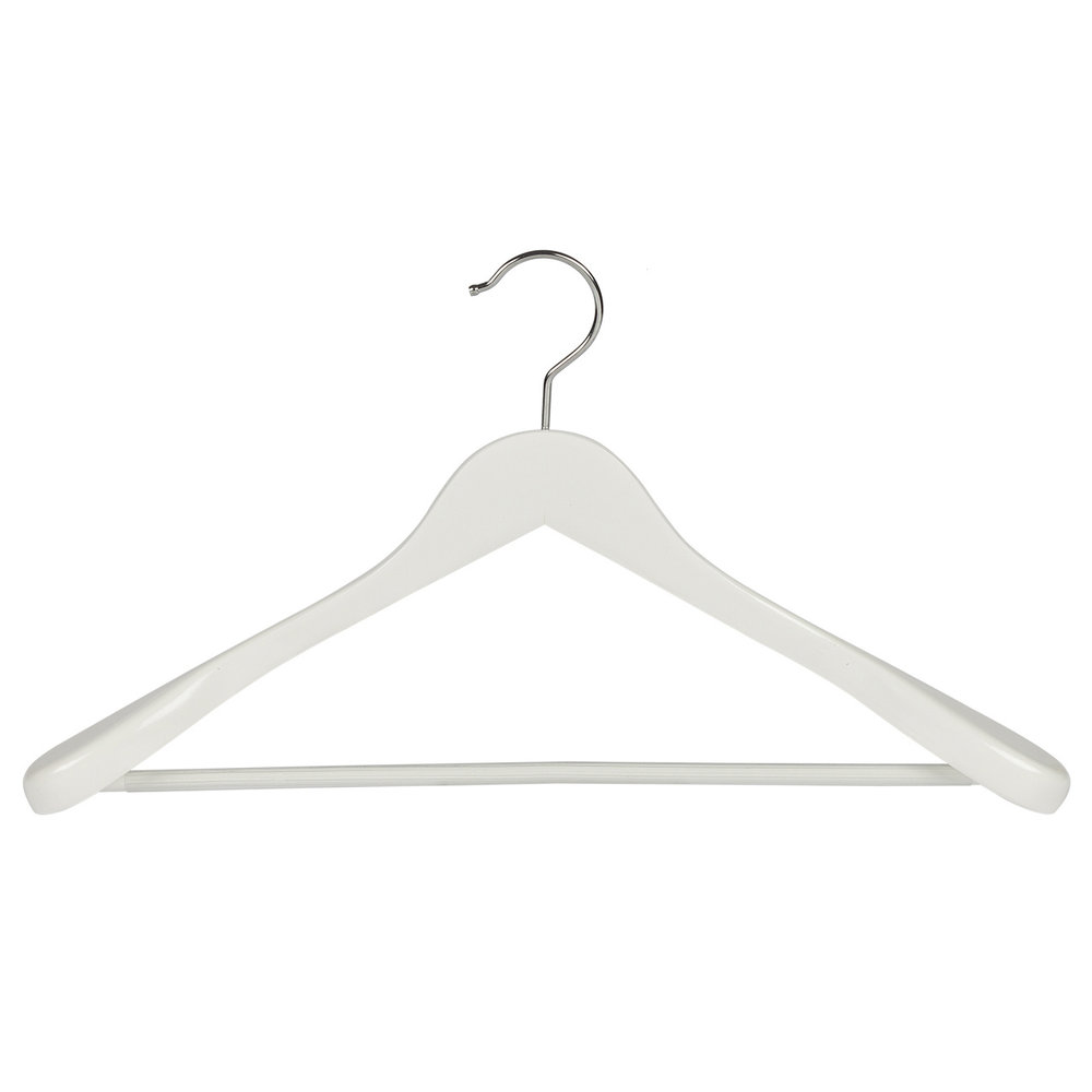 Mantel / kostuumhanger (geknikt) beukenhout wit gelakt met schouderverbreding en anti-slip broeklat