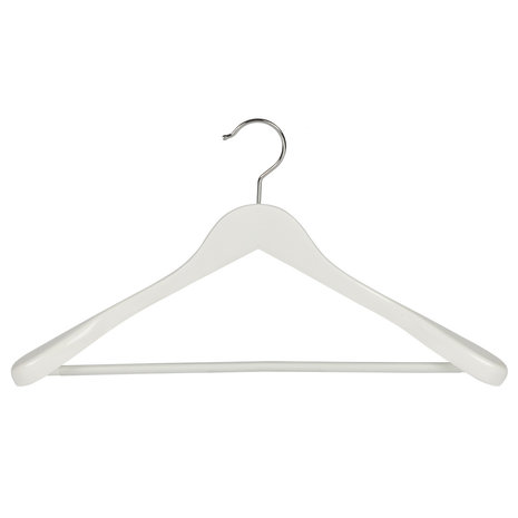 Mantel / kostuumhanger (geknikt) beukenhout wit gelakt met schouderverbreding en anti-slip broeklat