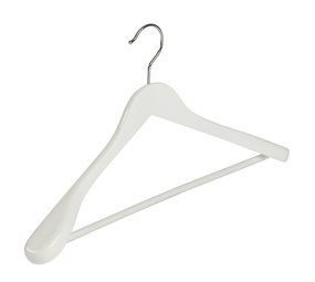 Mantel / kostuumhanger (geknikt) beukenhout wit gelakt met schouderverbreding en anti-slip broeklat Mantel / kostuumhanger (geknikt) beukenhout wit gelakt met schouderverbreding en anti-slip broeklat