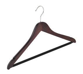 Blouse / shirthanger (geknikt) beukenhout wenge gebeitst met rokinkepingen en anti-slip broeklat Blouse / shirthanger (geknikt) beukenhout wenge gebeitst met rokinkepingen en anti-slip broeklat