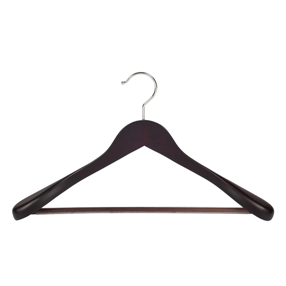 Mantel / kostuumhanger (geknikt) beukenhout wenge gebeitst met schouderverbreding en anti-slip broeklat