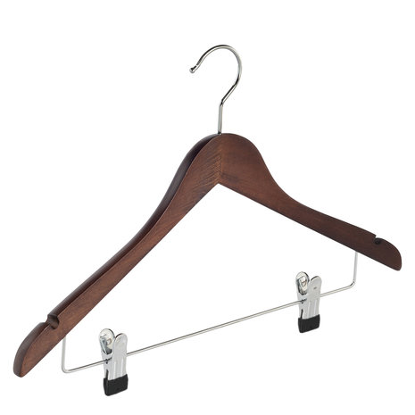 Blouse / shirthanger (geknikt) beukenhout walnoten gebeitst met rokinkepingen en anti-slip knijpers