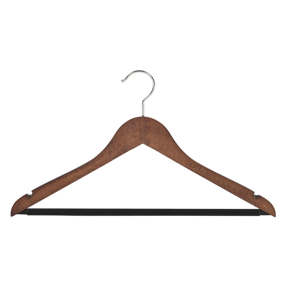 Blouse / shirthanger (geknikt) beukenhout walnoten gebeitst met rokinkepingen en anti-slip broeklat Blouse / shirthanger (geknikt) beukenhout walnoten gebeitst met rokinkepingen en anti-slip broeklat