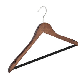 Blouse / shirthanger (geknikt) beukenhout walnoten gebeitst met rokinkepingen en anti-slip broeklat Blouse / shirthanger (geknikt) beukenhout walnoten gebeitst met rokinkepingen en anti-slip broeklat