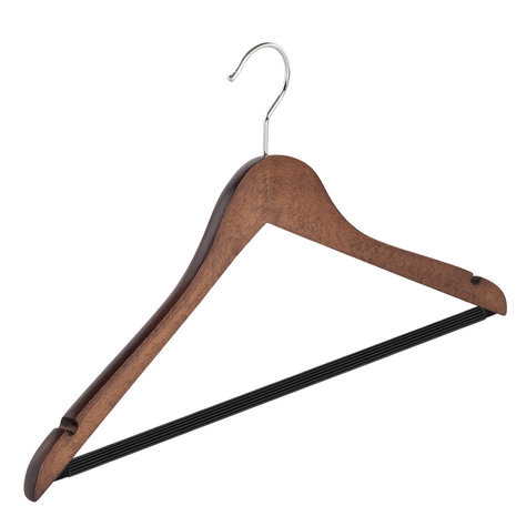 Blouse / shirthanger (geknikt) beukenhout walnoten gebeitst met rokinkepingen en anti-slip broeklat Blouse / shirthanger (geknikt) beukenhout walnoten gebeitst met rokinkepingen en anti-slip broeklat