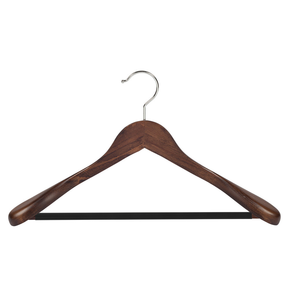 Mantel / kostuumhanger (geknikt) beukenhout walnoten gebeitst met schouderverbreding en anti-slip broeklat Mantel / kostuumhanger (geknikt) beukenhout walnoten gebeitst met schouderverbreding en anti-slip broeklat
