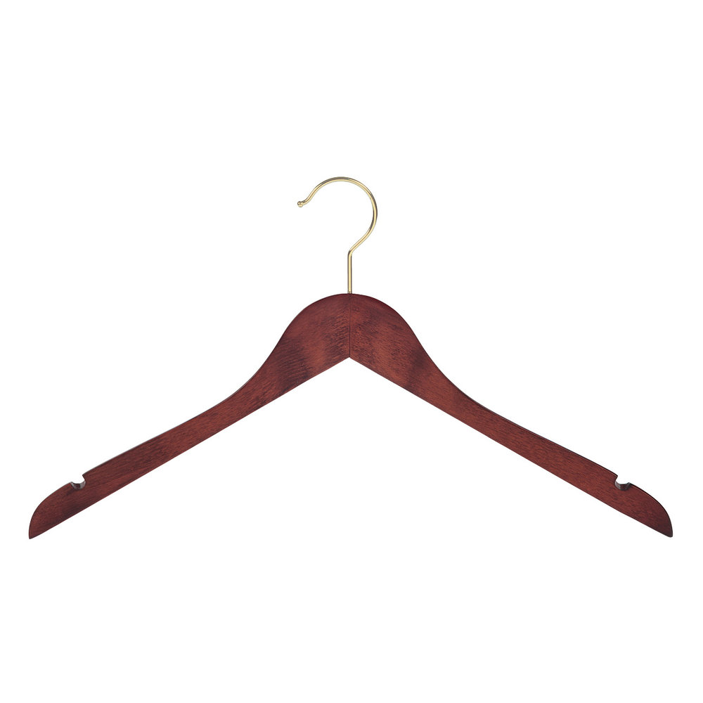 Blouse / shirthanger (geknikt) beukenhout mahonie gebeitst met messinghaak en rokinkepingen Blouse / shirthanger (geknikt) beukenhout mahonie gebeitst met messinghaak en rokinkepingen