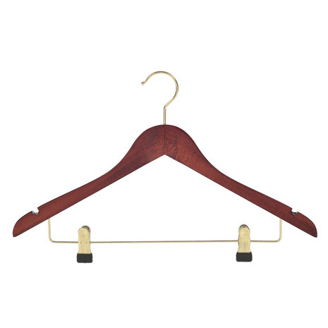 Blouse / shirthanger (geknikt) beukenhout mahonie gebeitst met messinghaak, rokinkepingen en anti-slip knijpers