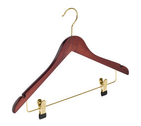 Blouse / shirthanger (geknikt) beukenhout mahonie gebeitst met messinghaak, rokinkepingen en anti-slip knijpers