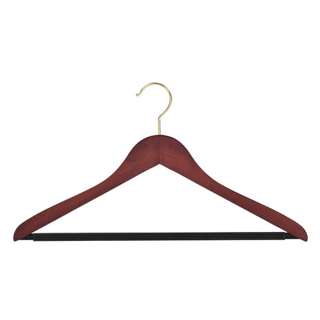 Blouse / shirthanger (geknikt) beukenhout mahonie gebeitst met messinghaak en anti-slip broeklat