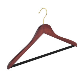 Blouse / shirthanger (geknikt) beukenhout mahonie gebeitst met messinghaak en anti-slip broeklat Blouse / shirthanger (geknikt) beukenhout mahonie gebeitst met messinghaak en anti-slip broeklat