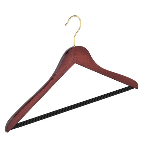 Blouse / shirthanger (geknikt) beukenhout mahonie gebeitst met messinghaak en anti-slip broeklat