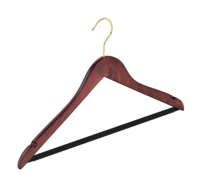 Blouse / shirthanger (geknikt) beukenhout mahonie gebeitst met messinghaak, rokinkepingen en anti-slip broeklat Blouse / shirthanger (geknikt) beukenhout mahonie gebeitst met messinghaak, rokinkepingen en anti-slip broeklat