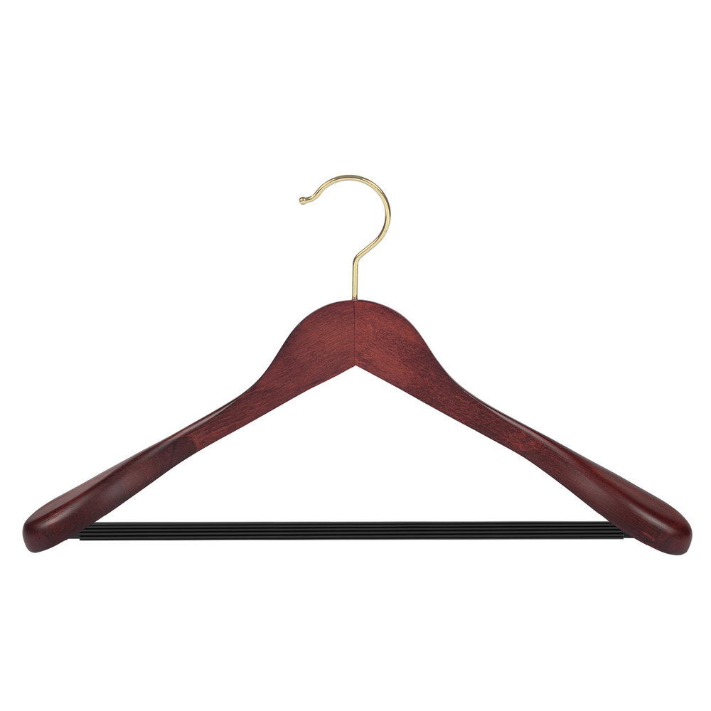 Mantel / kostuumhanger (geknikt) beukenhout mahonie gebeitst met messinghaak, schouderverbreding en anti-slip broeklat Mantel / kostuumhanger (geknikt) beukenhout mahonie gebeitst met messinghaak, schouderverbreding en anti-slip broeklat