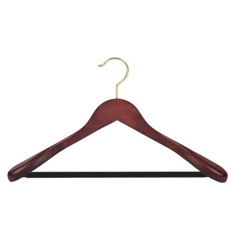 Mantel / kostuumhanger (geknikt) beukenhout mahonie gebeitst met messinghaak, schouderverbreding en anti-slip broeklat Mantel / kostuumhanger (geknikt) beukenhout mahonie gebeitst met messinghaak, schouderverbreding en anti-slip broeklat