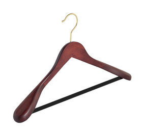 Mantel / kostuumhanger (geknikt) beukenhout mahonie gebeitst met messinghaak, schouderverbreding en anti-slip broeklat Mantel / kostuumhanger (geknikt) beukenhout mahonie gebeitst met messinghaak, schouderverbreding en anti-slip broeklat