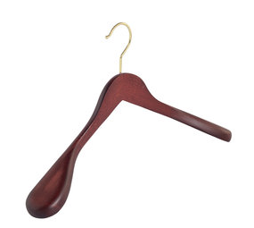 Mantel / kostuumhanger (geknikt) beukenhout mahonie gebeitst met messinghaak en schouderverbreding Mantel / kostuumhanger (geknikt) beukenhout mahonie gebeitst met messinghaak en schouderverbreding