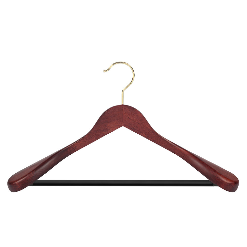 Mantel / kostuumhanger (geknikt) beukenhout mahonie gebeitst met messinghaak, schouderverbreding en anti-slip broeklat