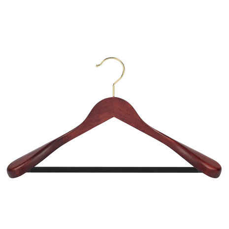 DE KLEDINGHANGER GIGANT Mantel / kostuumhanger (geknikt) beukenhout mahonie gebeitst met messinghaak, schouderverbreding en anti-slip broeklat