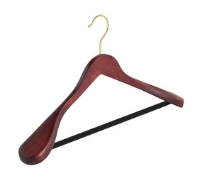 Mantel / kostuumhanger (geknikt) beukenhout mahonie gebeitst met messinghaak, schouderverbreding en anti-slip broeklat Mantel / kostuumhanger (geknikt) beukenhout mahonie gebeitst met messinghaak, schouderverbreding en anti-slip broeklat