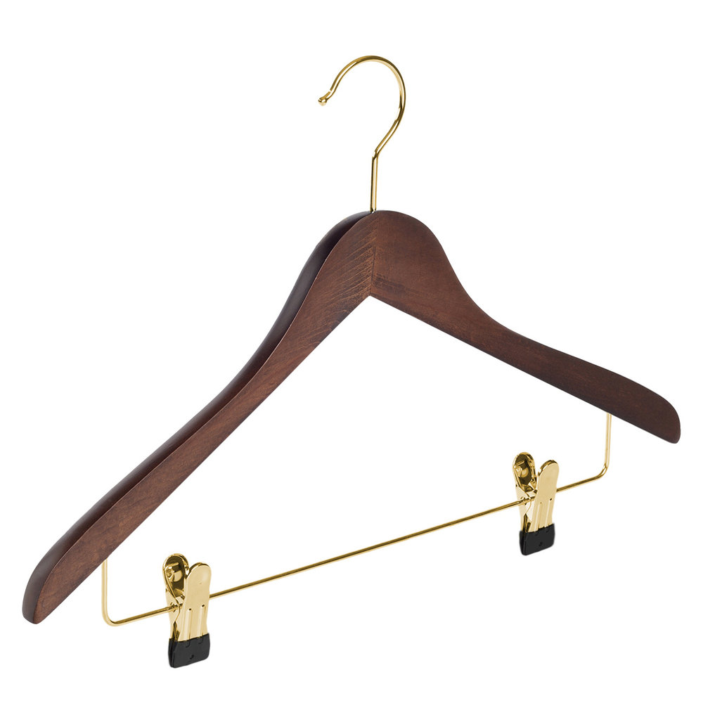 Blouse / shirthanger (geknikt) beukenhout walnoten gebeitst met messinghaak en anti-slip knijpers