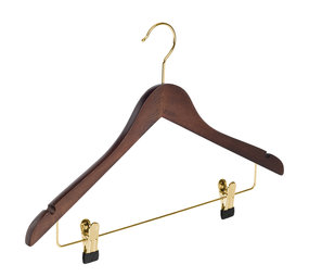 Blouse / shirthanger (geknikt) beukenhout walnoten gebeitst met messinghaak, rokinkepingen en anti-slip knijpers